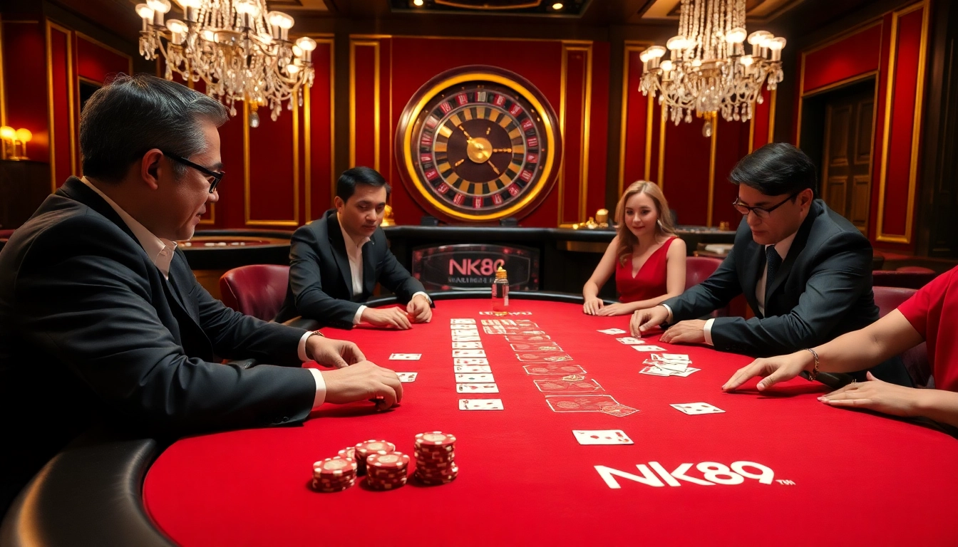 Exciting game at nhà cái nk88 poker table with players strategizing for wins.