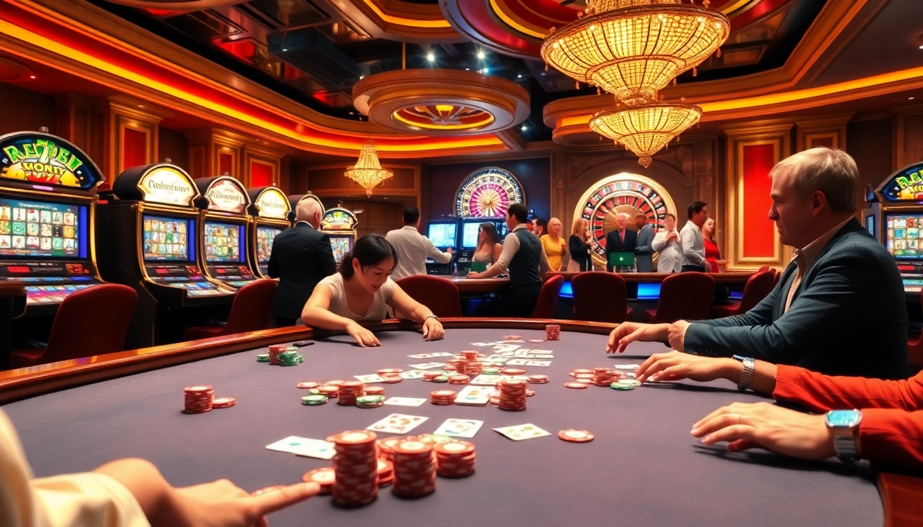 Alo 789 casino scene featuring players engaging in card games with vibrant chips and roulette wheels.