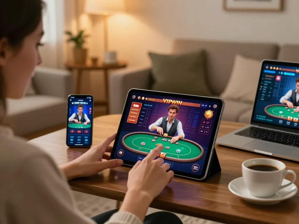Engaged player enjoying VIPWIN casino games on a tablet in a cozy living room.