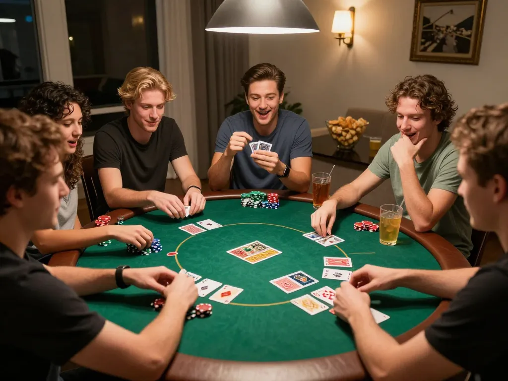 Friends at home playing poker, tải dh88 for exciting gaming experience around a green felt table.