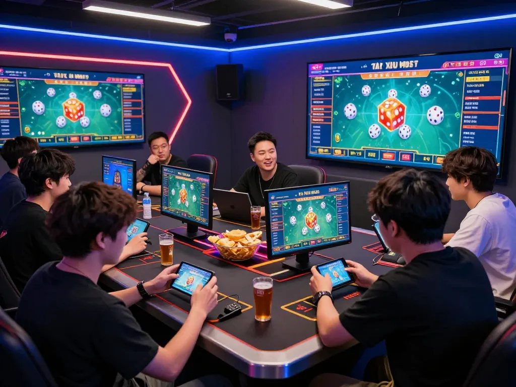 Players enjoying Tài Xỉu MD5 in a vibrant online gaming atmosphere with dice animations and live betting.