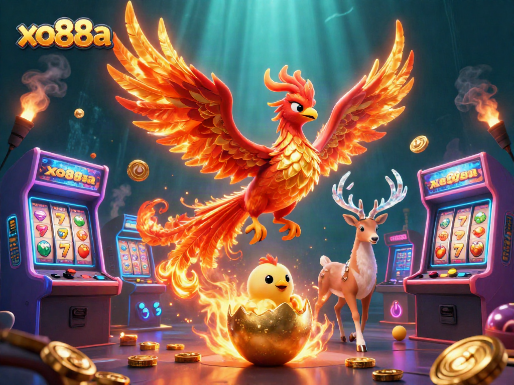 Experience thrilling adventures at xo88a with a vibrant illustration featuring a phoenix soaring above casino games.