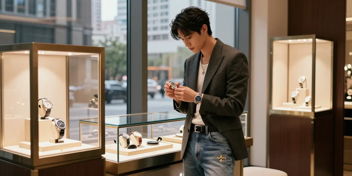 Stylish individual exploring a replica watch in a chic boutique atmosphere, showcasing luxury and elegance.