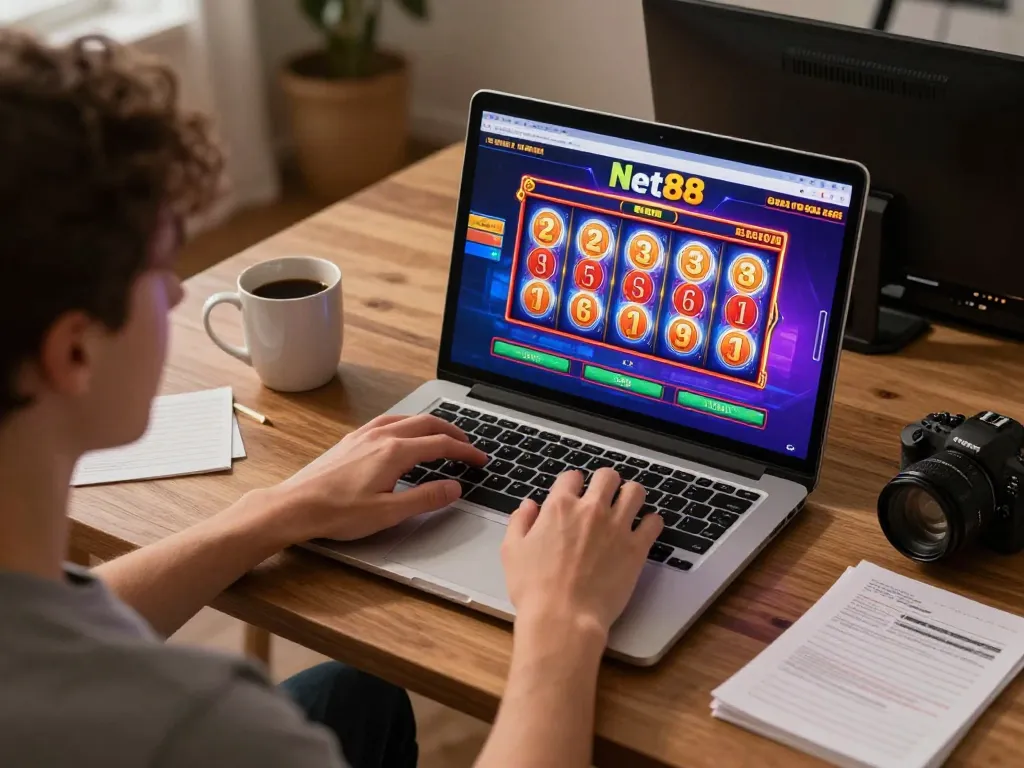 Player engaging with Net88 online casino slots on a cozy desk setup, showcasing a vibrant gaming experience.