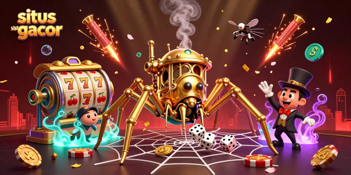 Engage with situs slot gacor while a steampunk spider weaves a captivating golden web full of slot reels and lucky symbols.