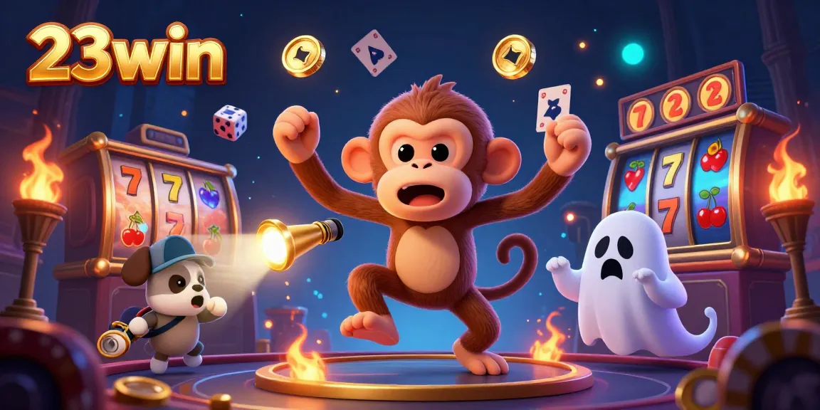 Engage with thrilling slot adventures at 23win's haunted casino, featuring a playful poltergeist and immersive gaming elements.