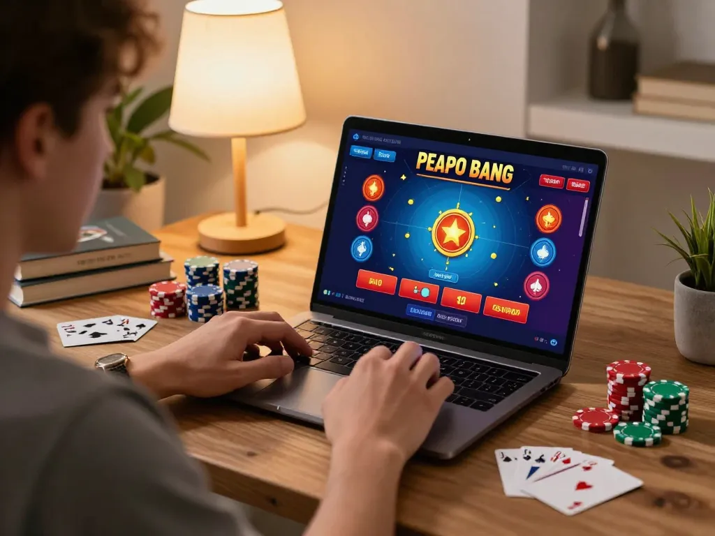 Engaging in online casino gaming at https://fc88.zone with colorful poker chips and warm lighting.