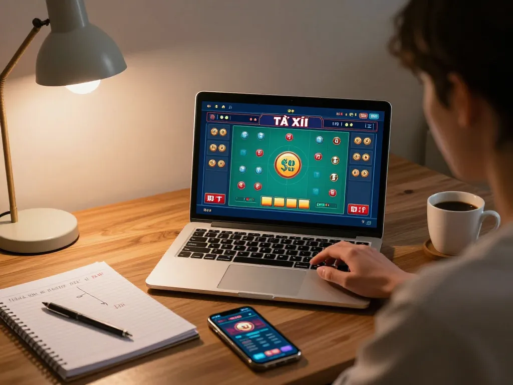 Tài Xỉu online gameplay with a player strategizing at home, showcasing a laptop interface and notepad.