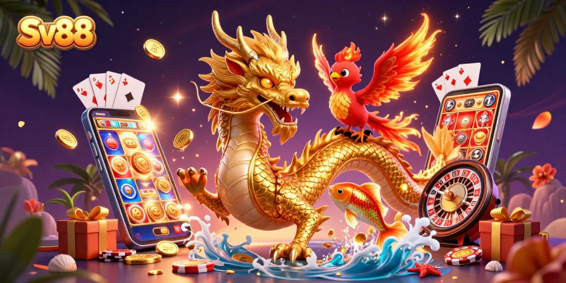 Sv88 offers thrilling gaming experiences with a golden dragon, phoenix, and koi fish, surrounded by exciting gambling elements.