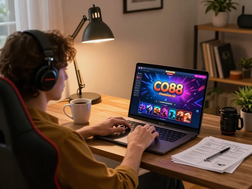 Engaged user plays casino games at CO88 online casino, showcasing a laptop setup and cozy atmosphere.