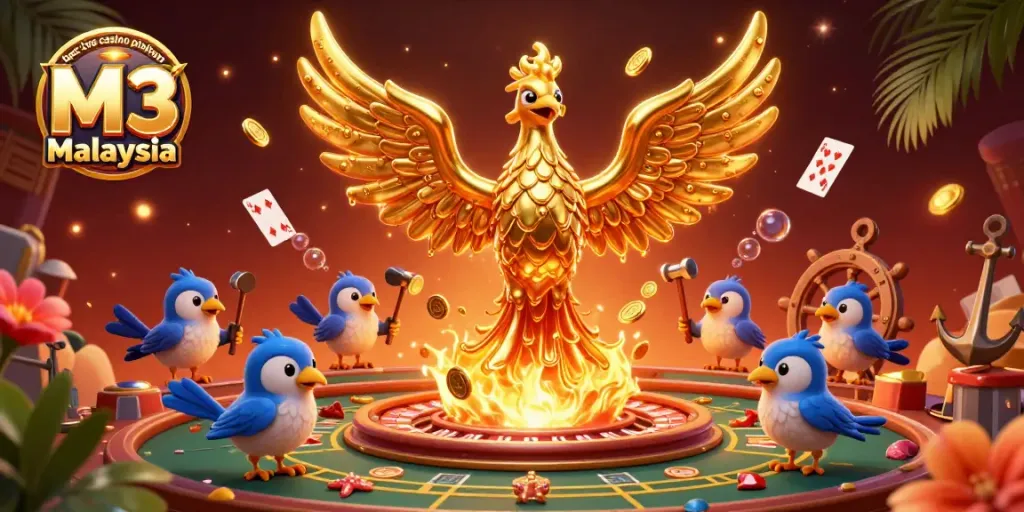 Engage in thrilling gameplay at the best live casino platform M3 Malaysia featuring a golden phoenix and immersive casino elements.