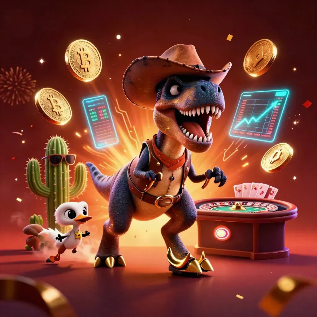 Cowboy T-Rex with cactus and sheriff roadrunner amid casino lights, coins, confetti, and fireworks.