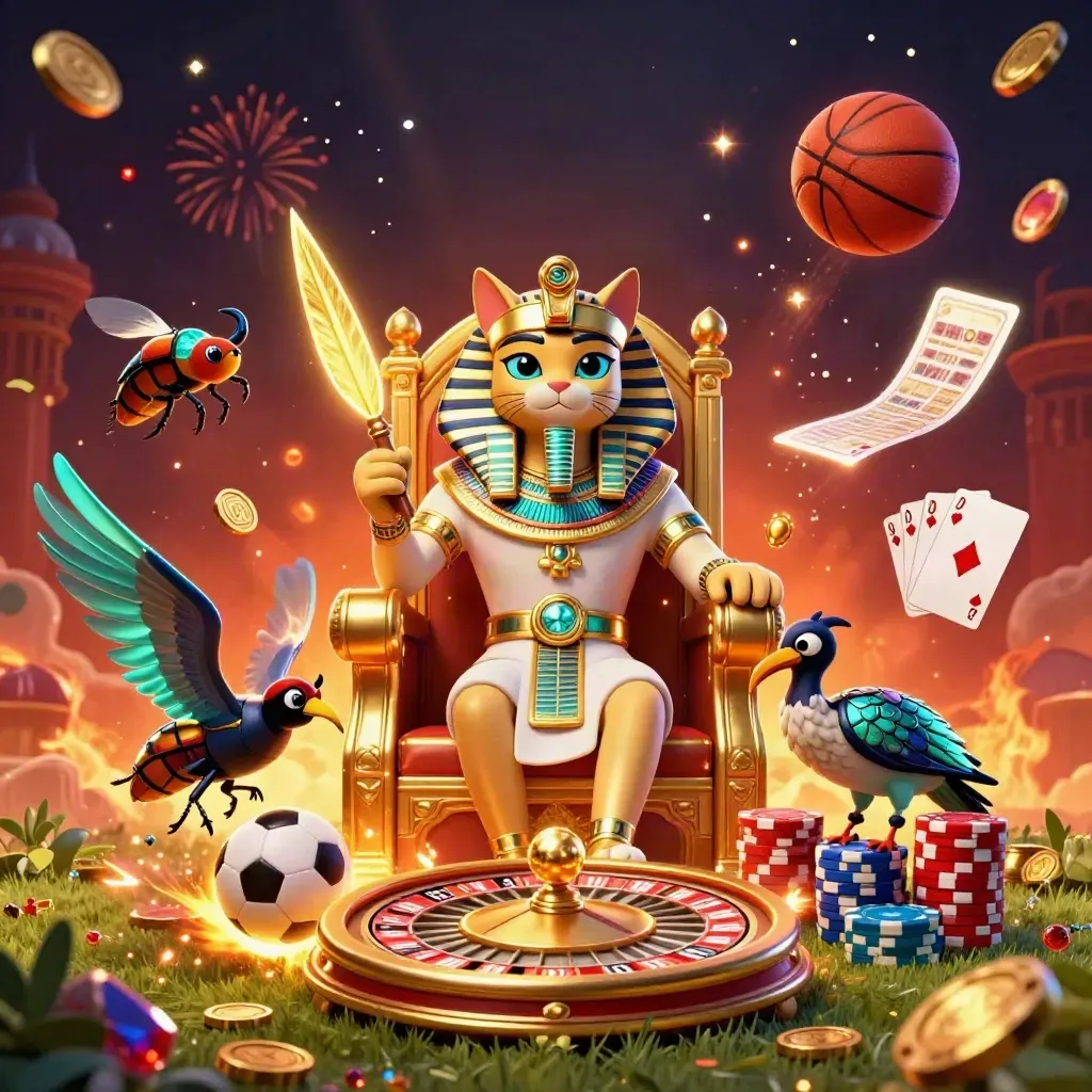 Pharaoh cat, ibis scribe and scarab beetles amid casino sports action, gold coins and glowing lights.