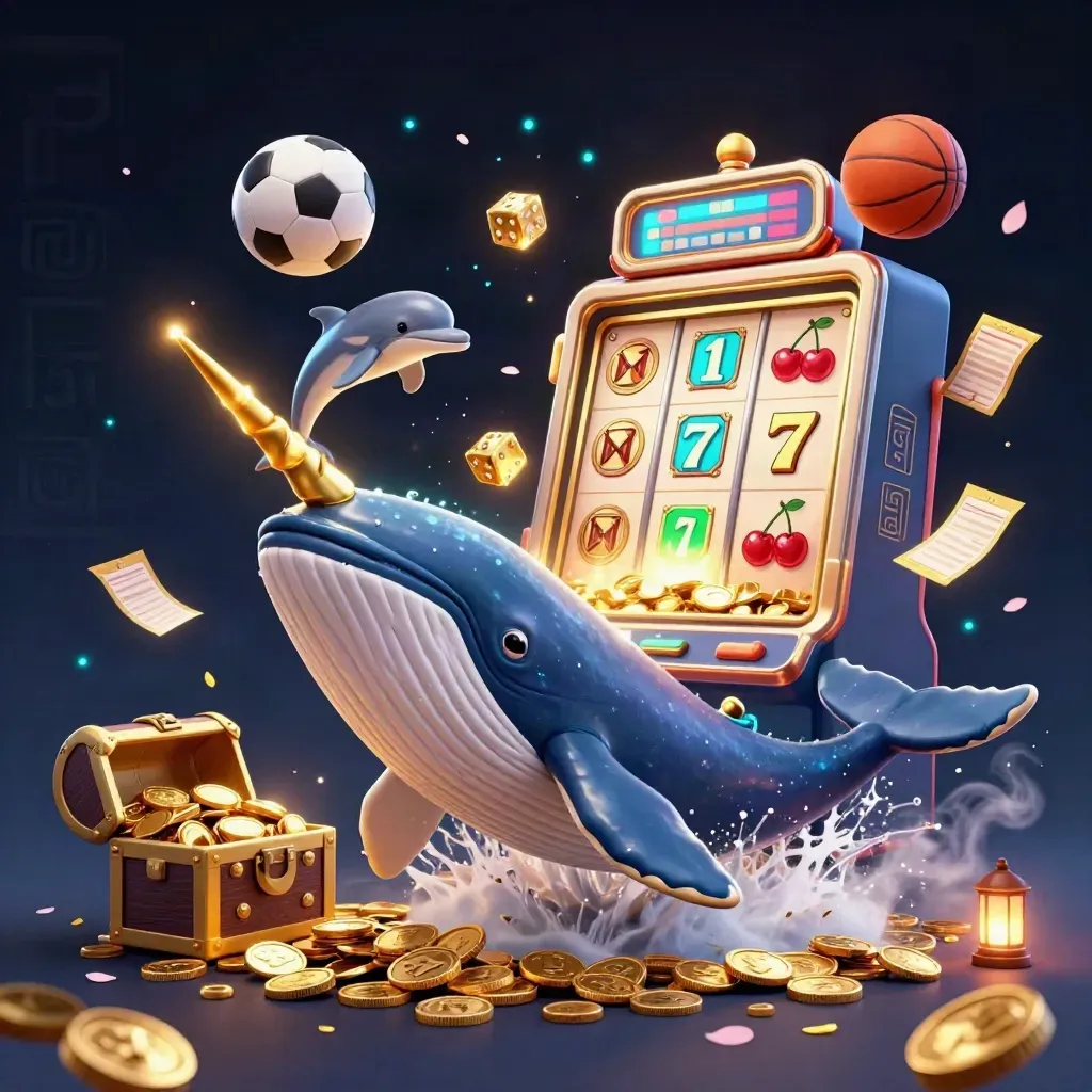 Whale captain, narwhal and dolphins amid coins, jackpot rays and sports balls in neon casino glow.