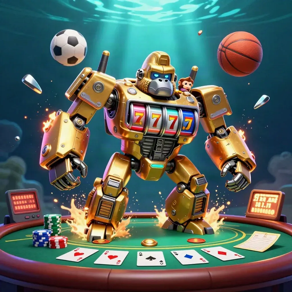 Golden gorilla mech and casino sports props burst through teal-blue light, ground-level and cinematic.