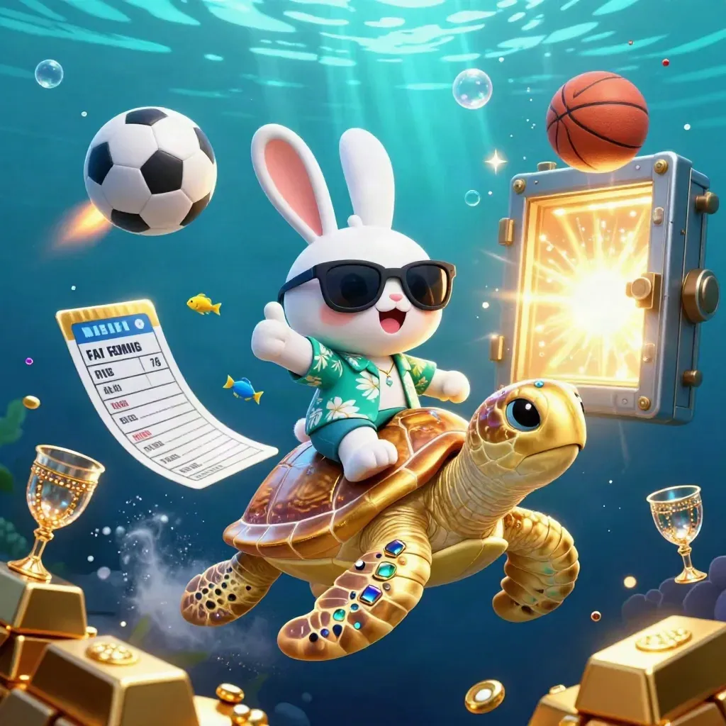 Cartoon rabbit on a gold sea turtle amid casino treasure, balls, bubbles and teal-gold light