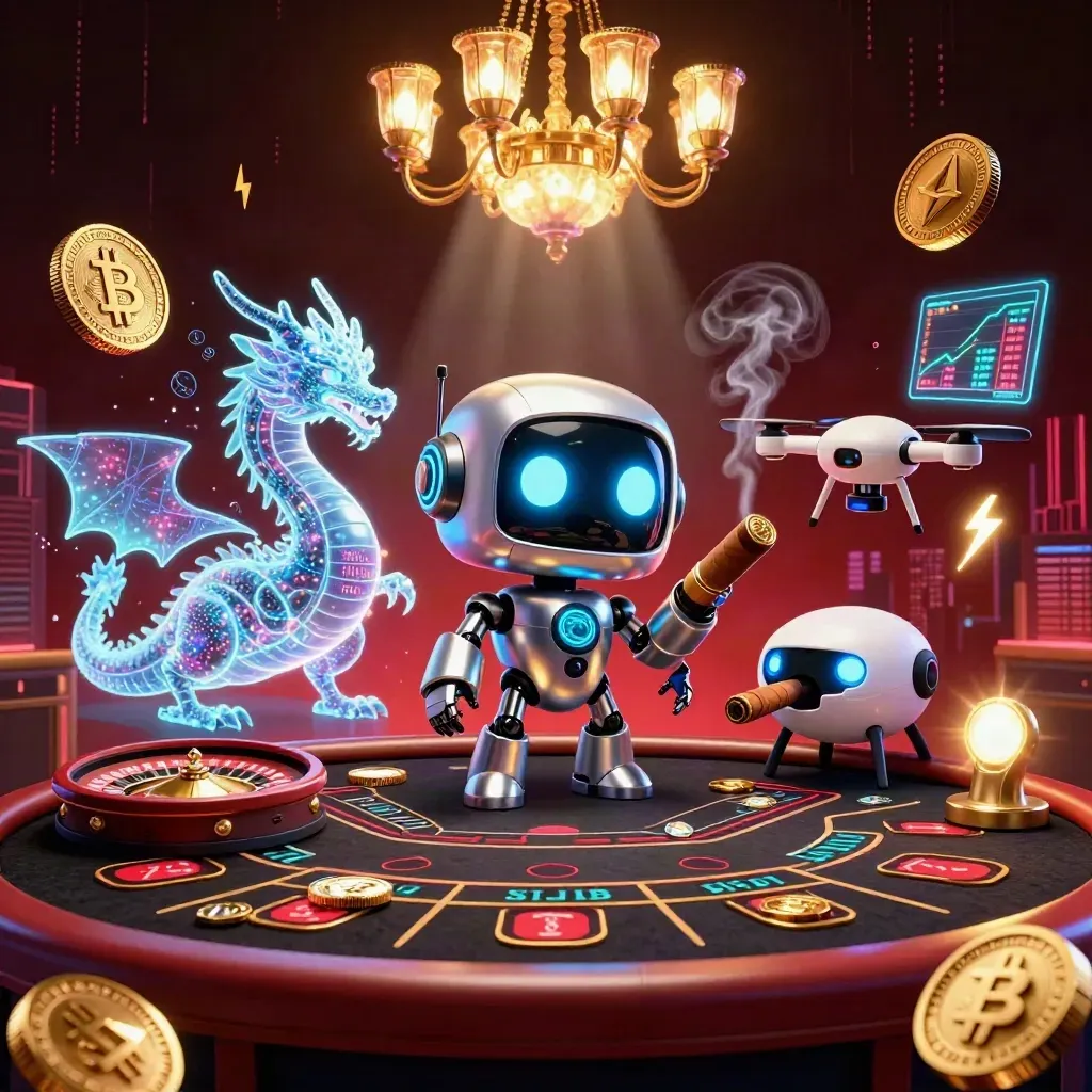 Cyberpunk robot, holographic dragon and drone in a luxe casino room with spinning wheel and neon coins