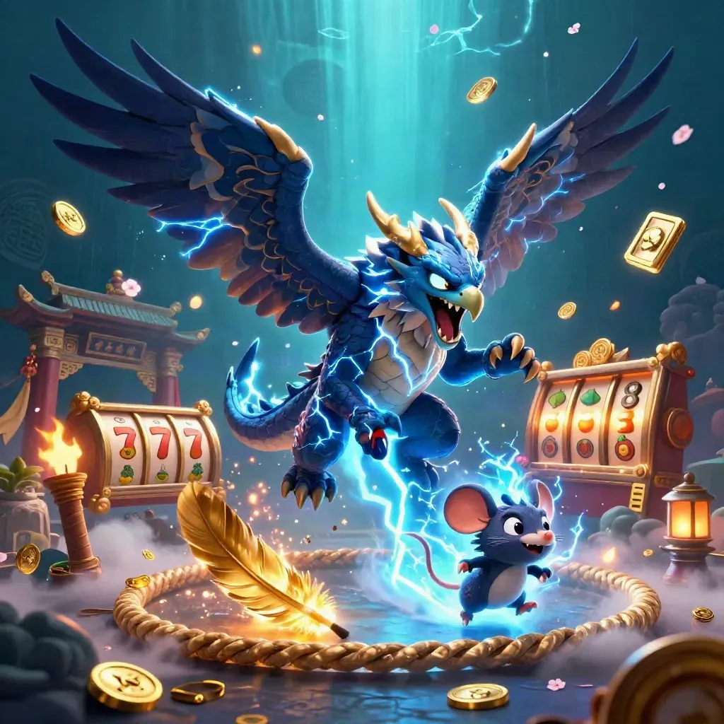 Thunder dragon, wind hawk and static mouse amid temple gate, coins, lightning and teal casino glow.