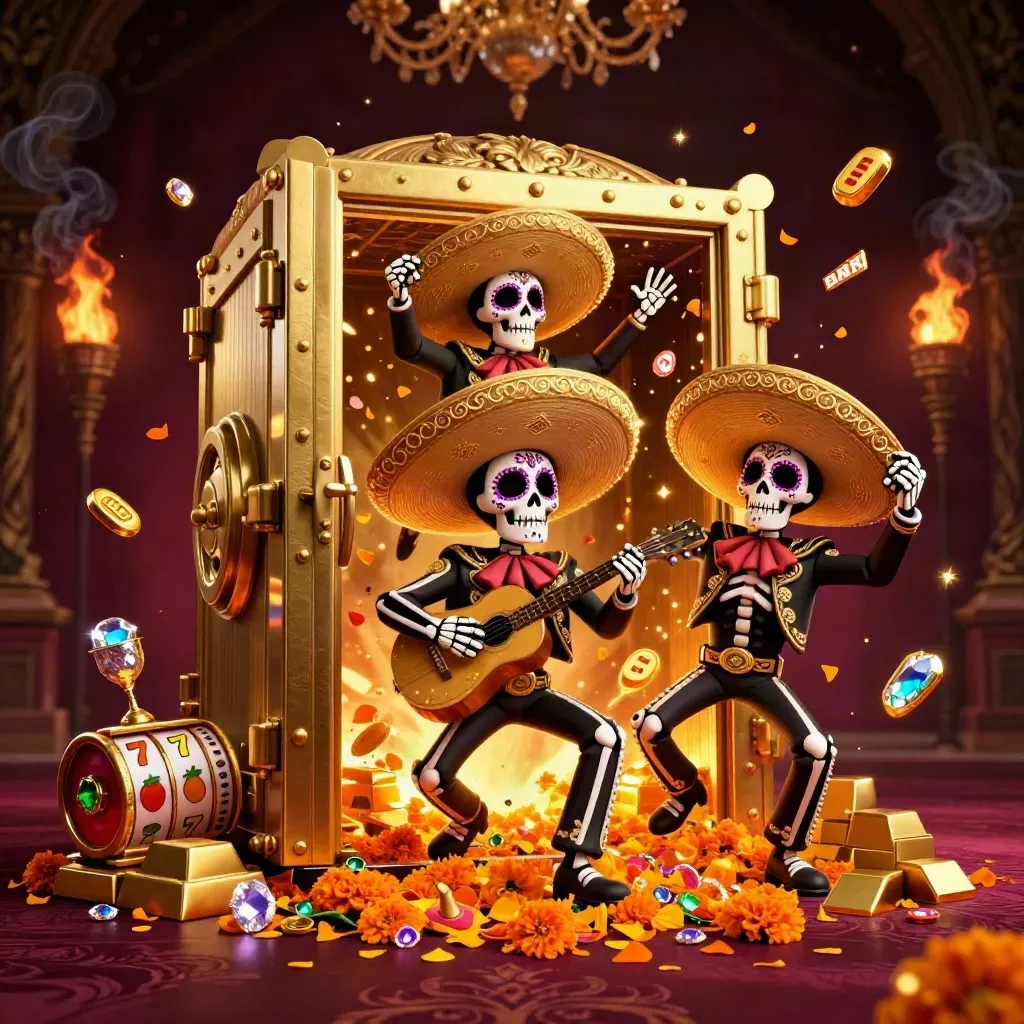 Day-of-the-Dead skeleton mariachi trio with glowing vault, gold, gems, and festive casino burst