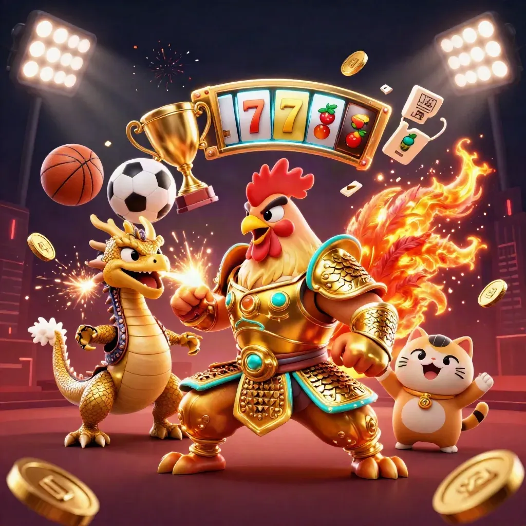 Rooster samurai, dragon hatchling, and fortune cat amid coins, sports balls, and sparks.