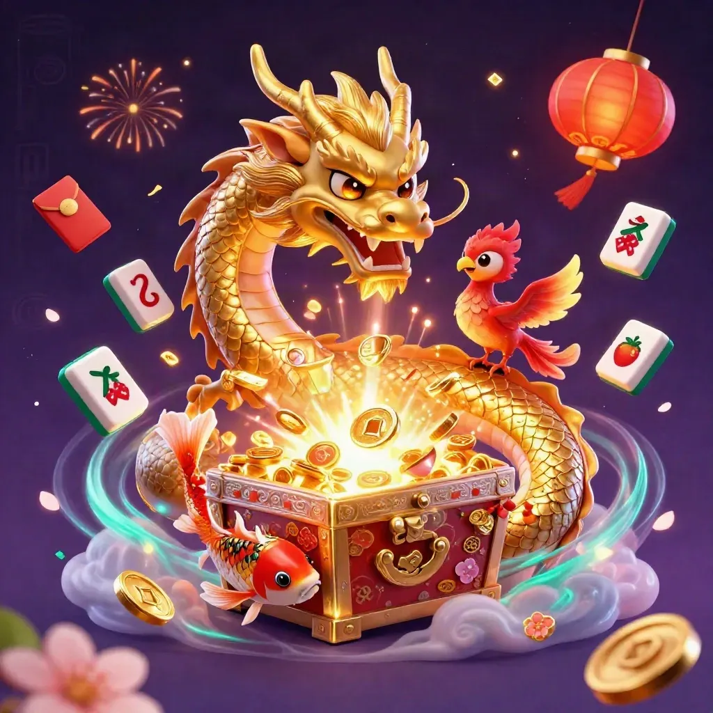 Golden dragon with phoenix and koi amid treasure bursts, lanterns, petals and neon casino glow.