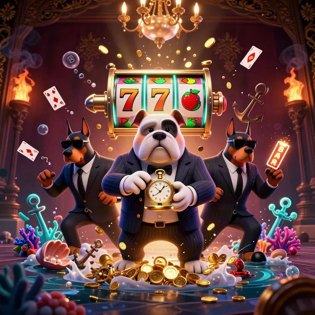 Bulldog mob boss with two Dobermans in a jewel-storm underwater casino cove
