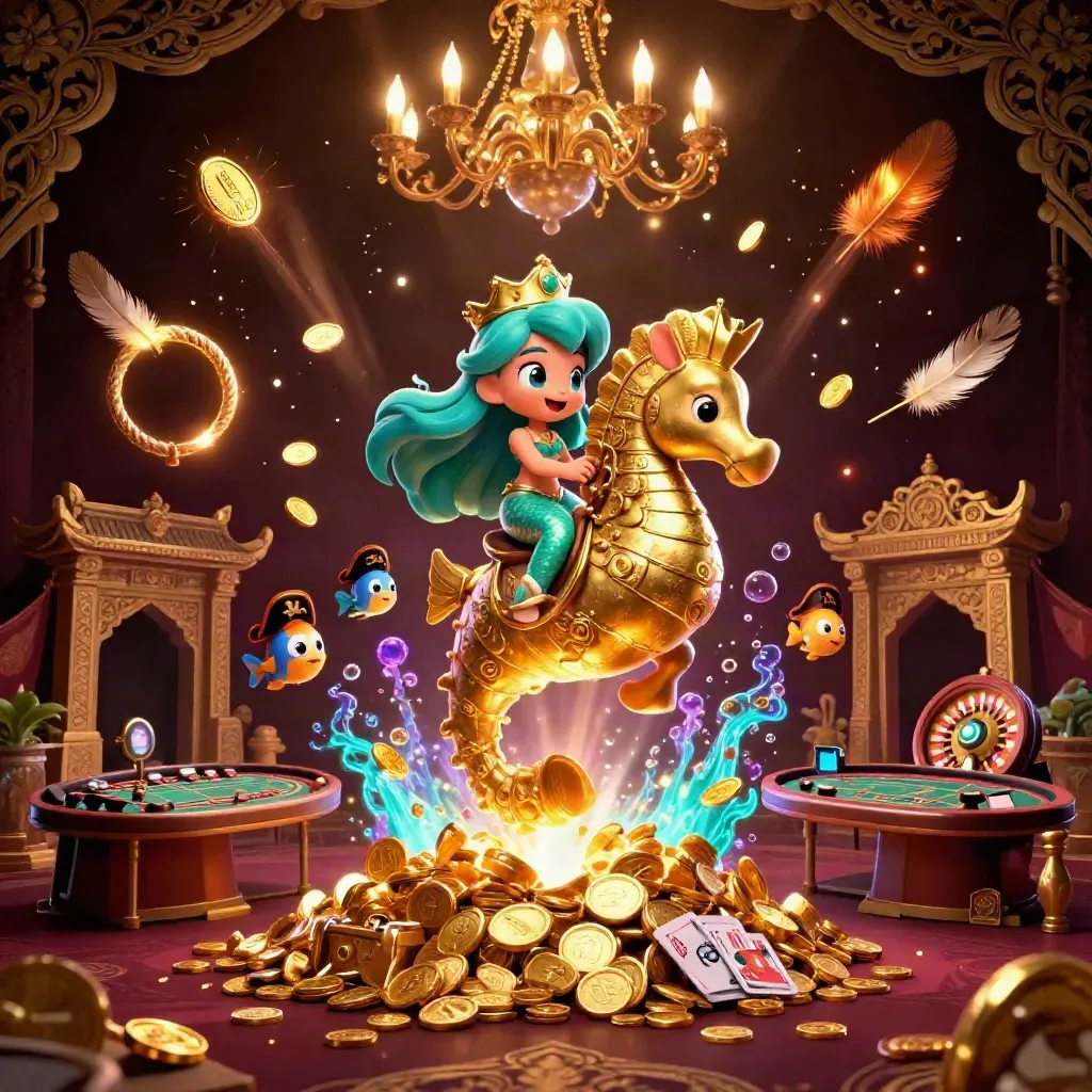 Mermaid princess on armored seahorse amid gold coins, roulette spin, temple gate and casino glow