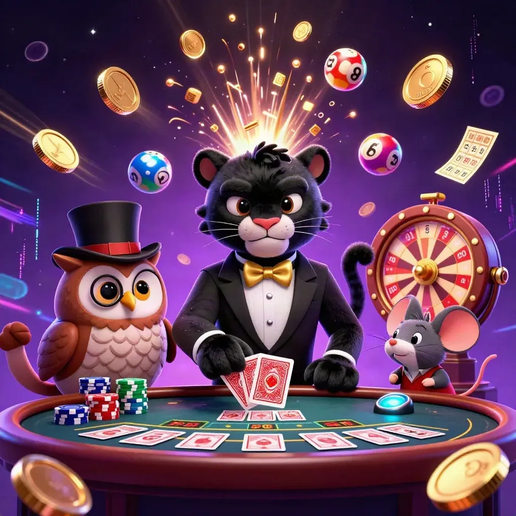 Panther, owl, and mouse amid exploding gold coins, lottery balls, wheel, and casino lights