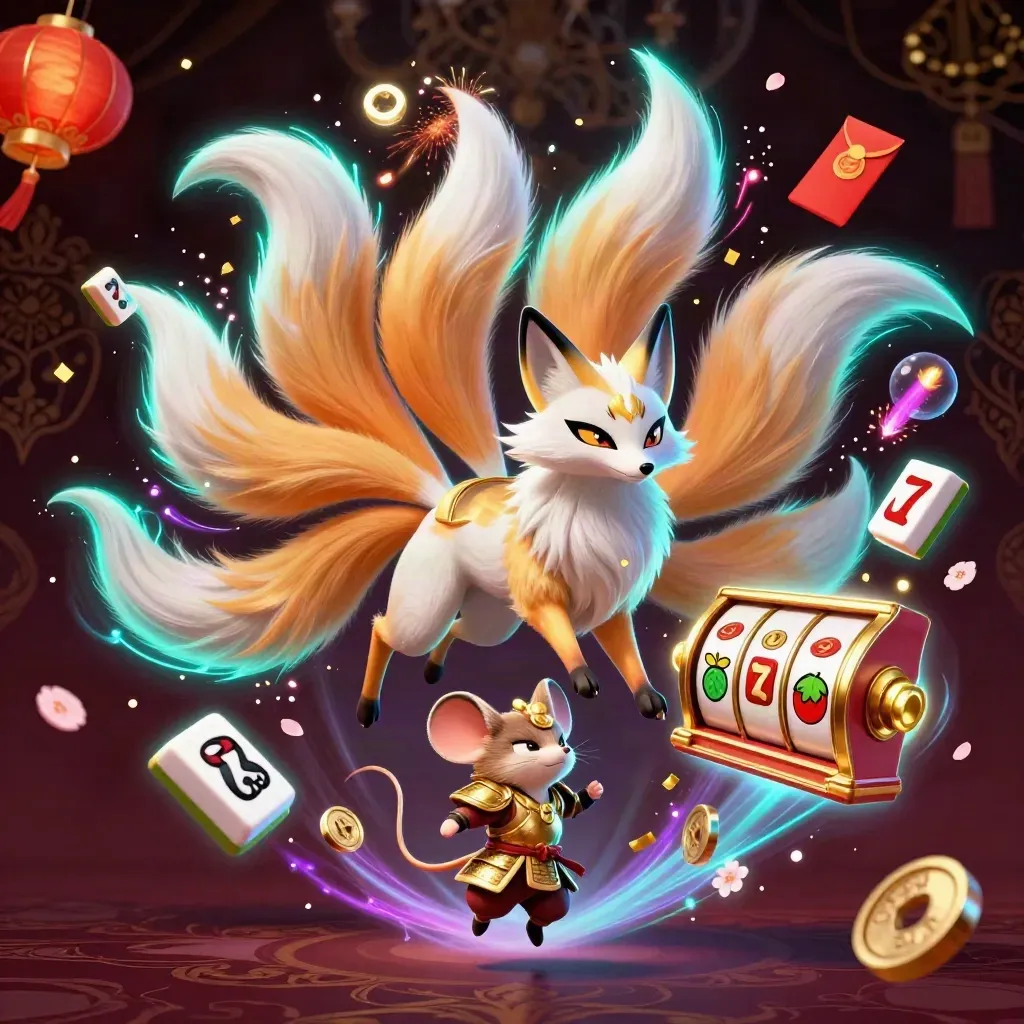 Nine-tailed fox spirit and samurai mouse amid jade coins, lanterns, reels and casino sparks.