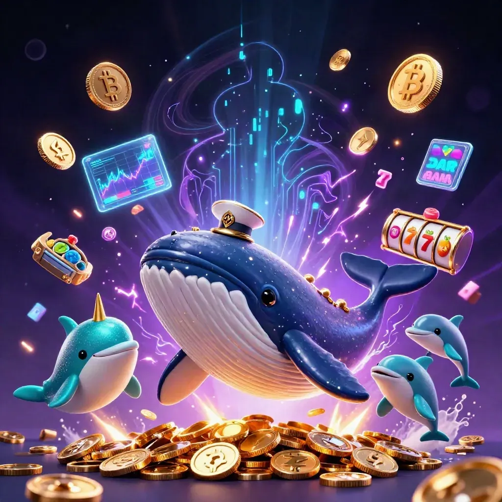 Gold captain whale, narwhal and dolphins burst from coins with neon crypto effects