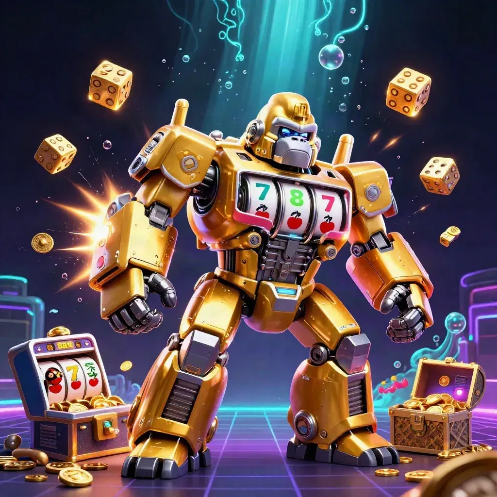 Golden gorilla mech with slot reels, jackpot bursts, coins, dice, and a tiny monkey pilot in a neon casino scene.