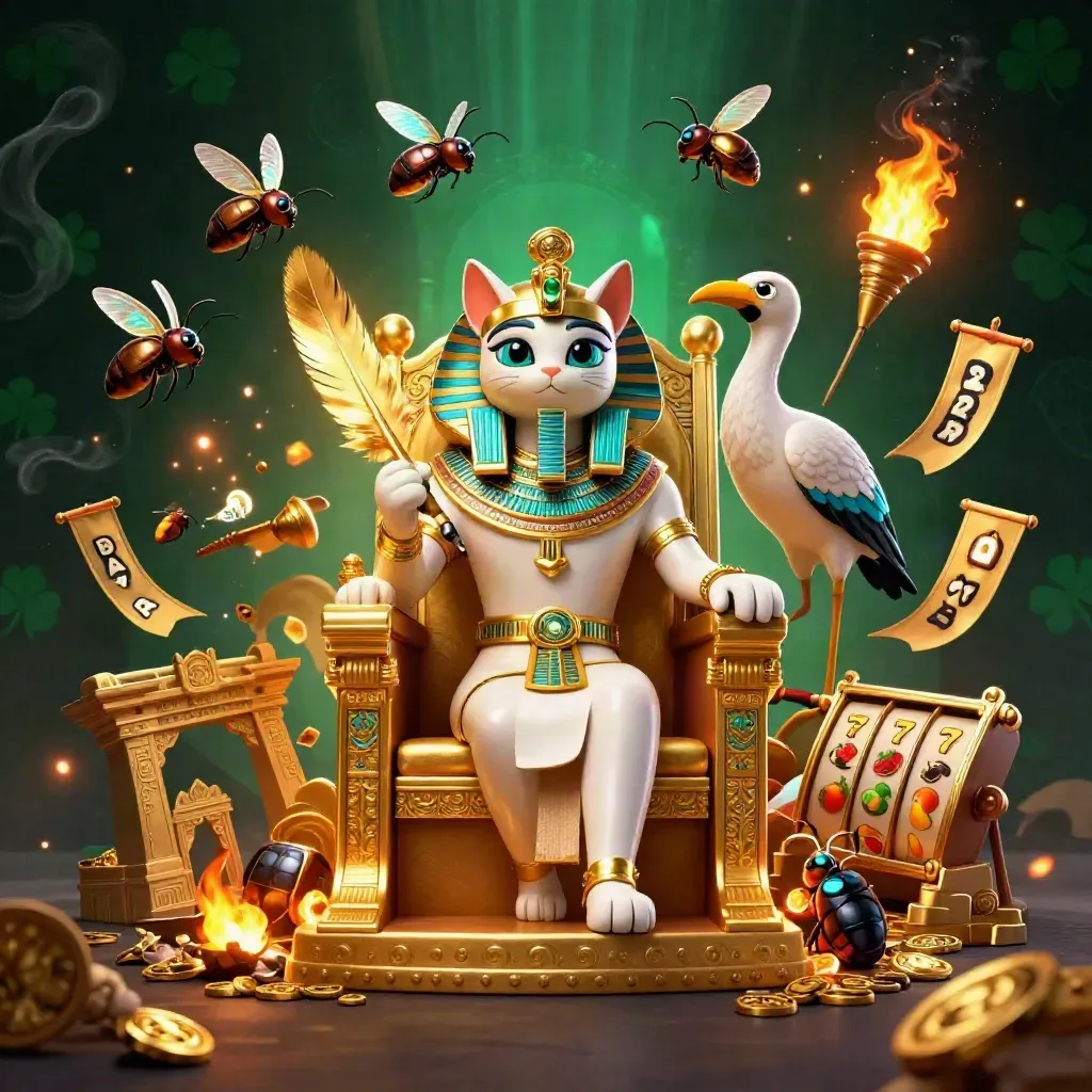 Pharaoh cat, ibis scribe and gem-winged scarabs amid casino reels, gold sparks and temple gate