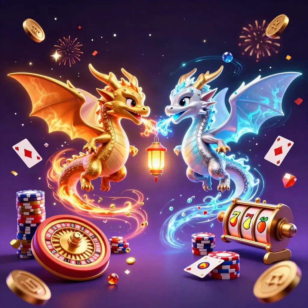 Twin gold and silver dragons entwined in a neon casino burst with coins, cards and spinning roulette