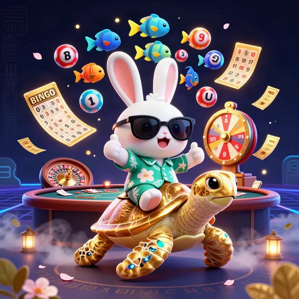 Cartoon lucky rabbit rides a gold sea turtle amid casino wheels, cards, and neon sparks.