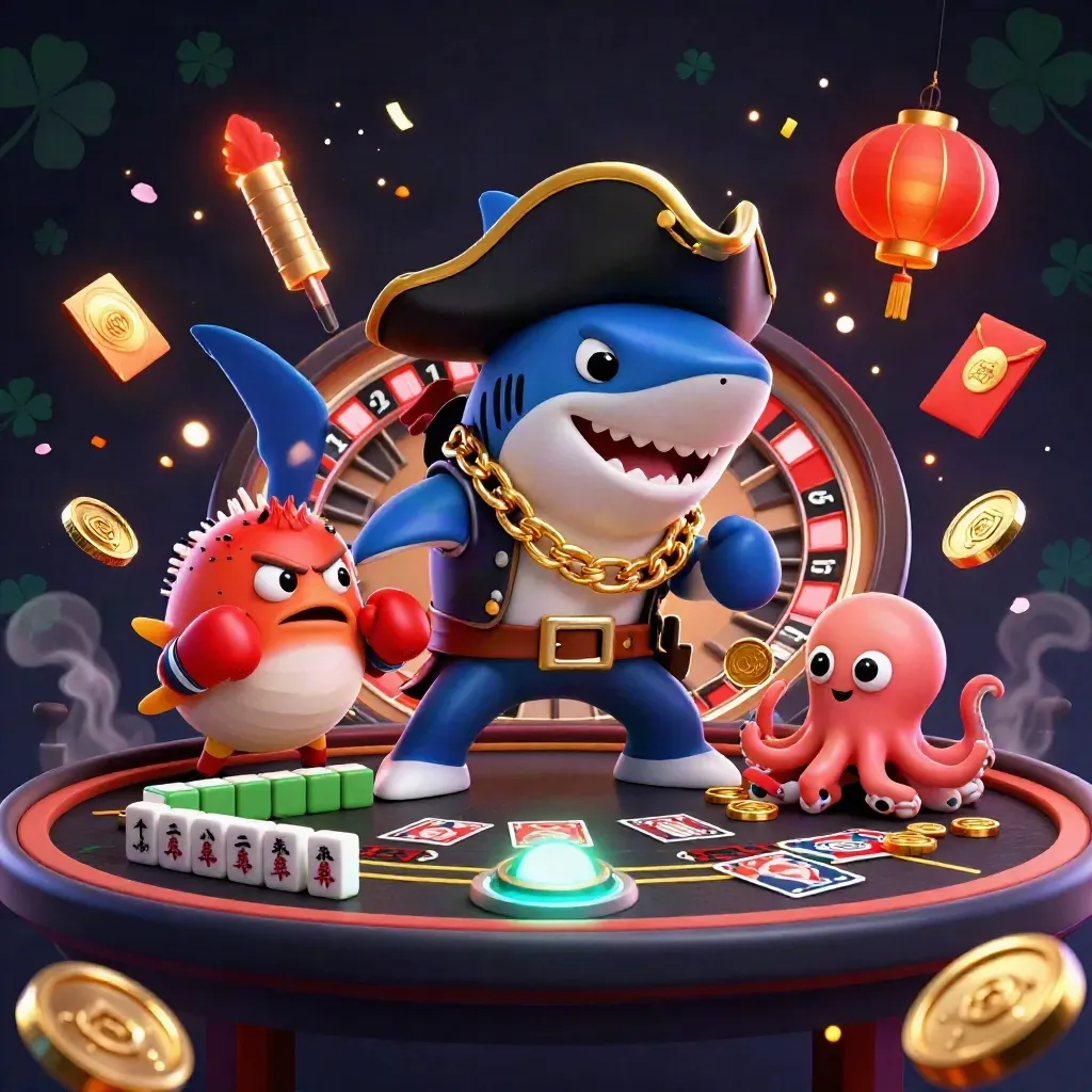Shark pirate, boxing pufferfish, and coin-juggling octopus amid casino icons and gold sparks.