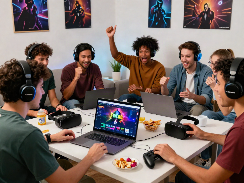 Exciting gaming night with friends at FIVE88 platform on a laptop.