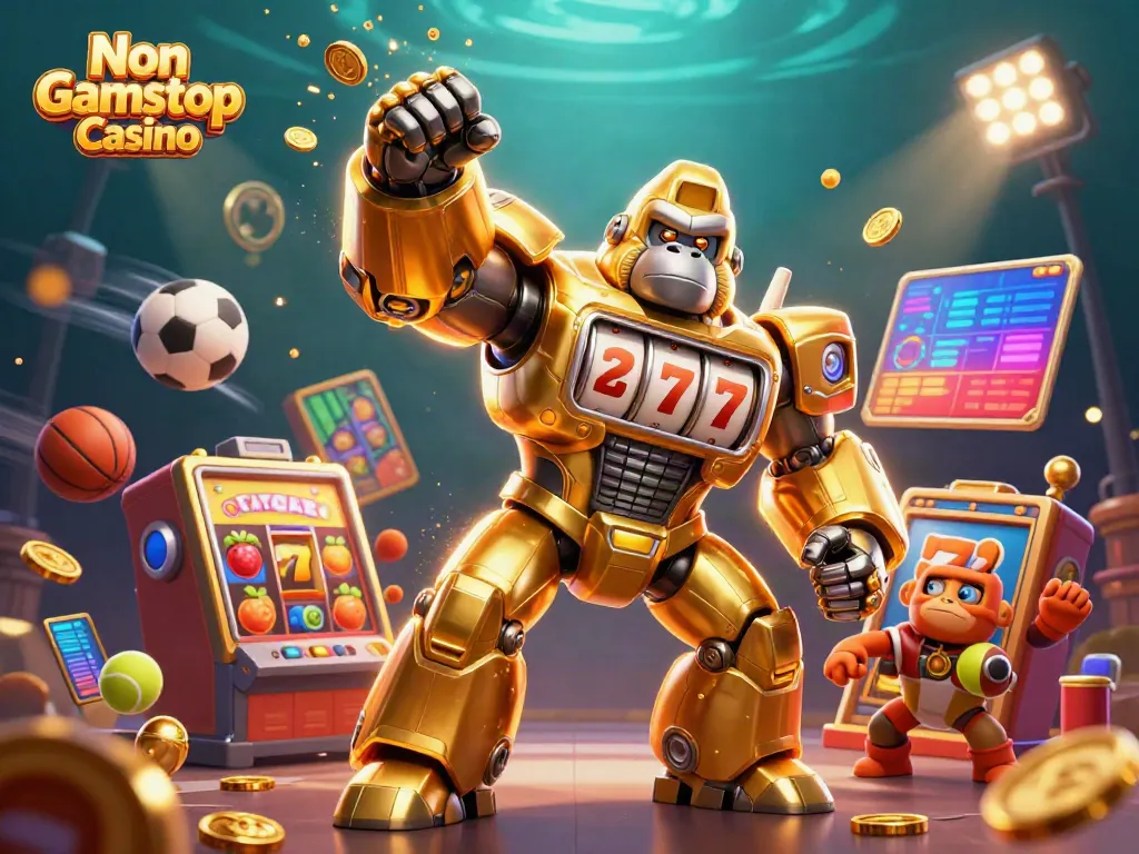 Experience the exciting action of Non Gamstop Casino with a dynamic golden gorilla mech and flying slot symbols.