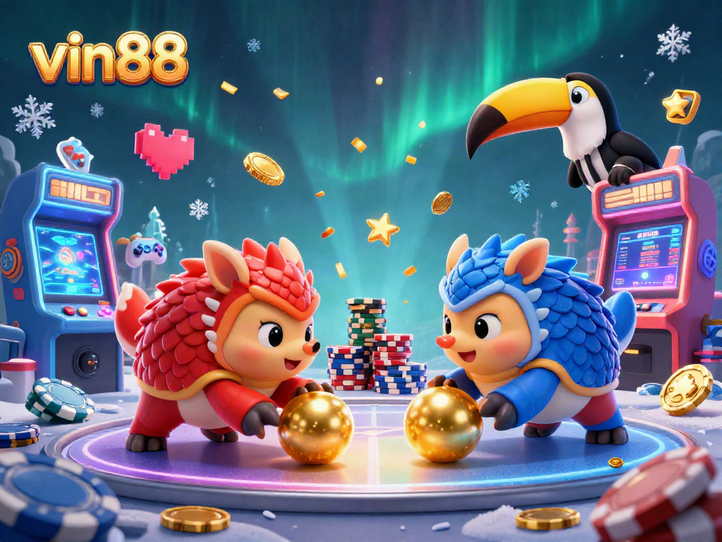 vin88 showcases rival pangolins competing in a vibrant casino game, complete with poker chips and neon arcade elements.