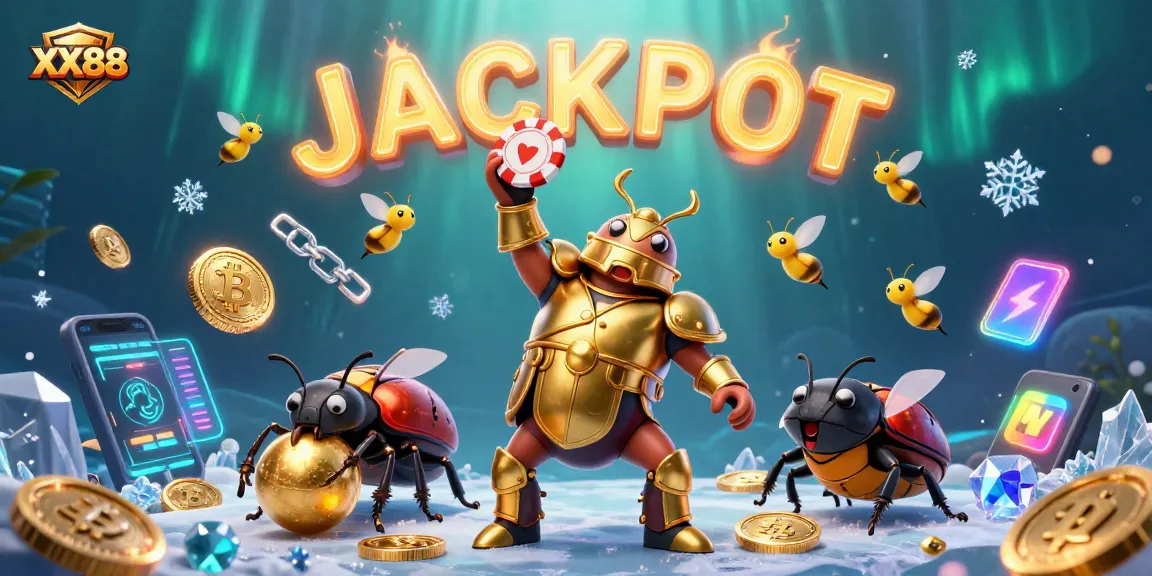 Experience the thrill of XX88 with a victorious beetle lifting a poker chip amidst a vibrant casino scene.
