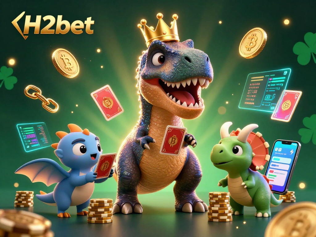 Join H2bet's fun card game with a T-Rex and dinosaur friends amidst crypto excitement!
