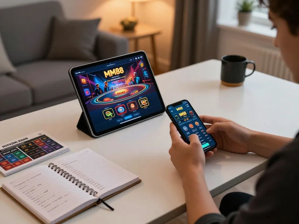 MM88 players using mobile app in cozy home setup for strategic online gambling
