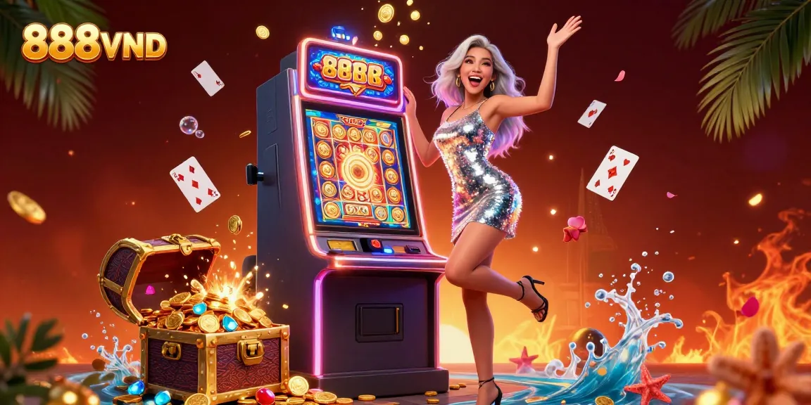 Spinning the reels at 888VND, a gorgeous Asian woman celebrates winning on a jackpot slot machine in vibrant casino colors.