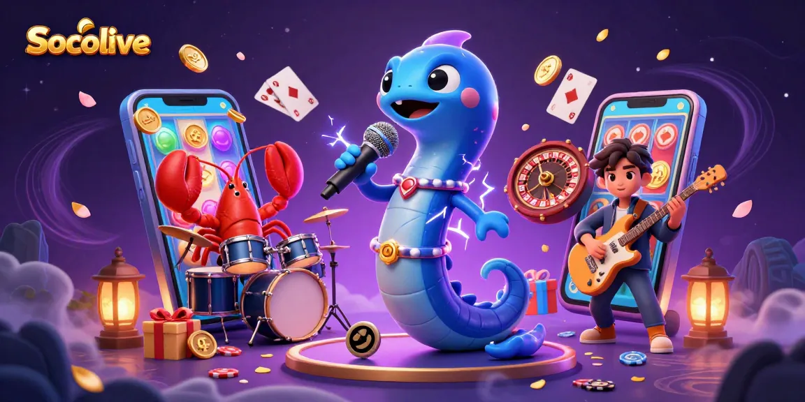 Socolive showcases a vibrant, underwater casino scene with a DJ electric eel, mesmerizing guests as they spin colorful slot games.