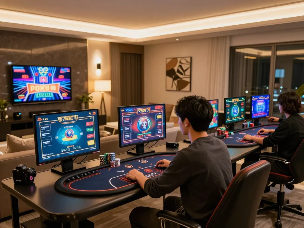 Engaging online gambling experience at https://123bz.uk.net/ with multiple screens showing poker and slots.