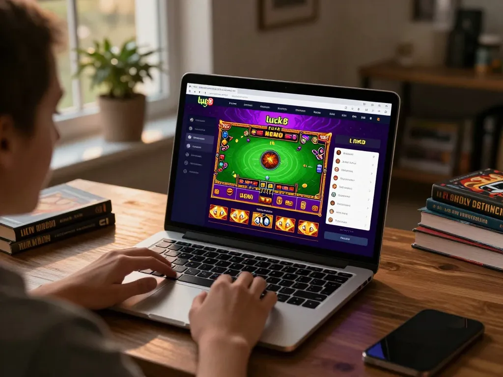 Player engaging in luck8 đăng nhập on laptop, showcasing an immersive online casino atmosphere