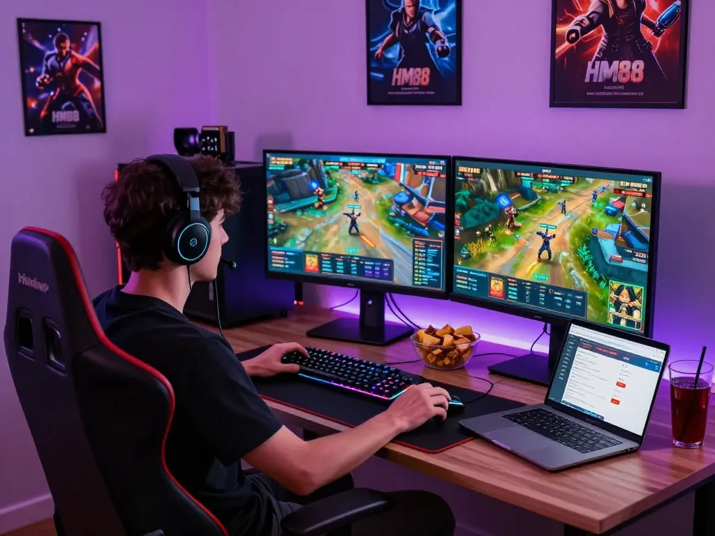 Engaged gamer enjoying HM88 online betting experience with vibrant game graphics and gaming accessories.