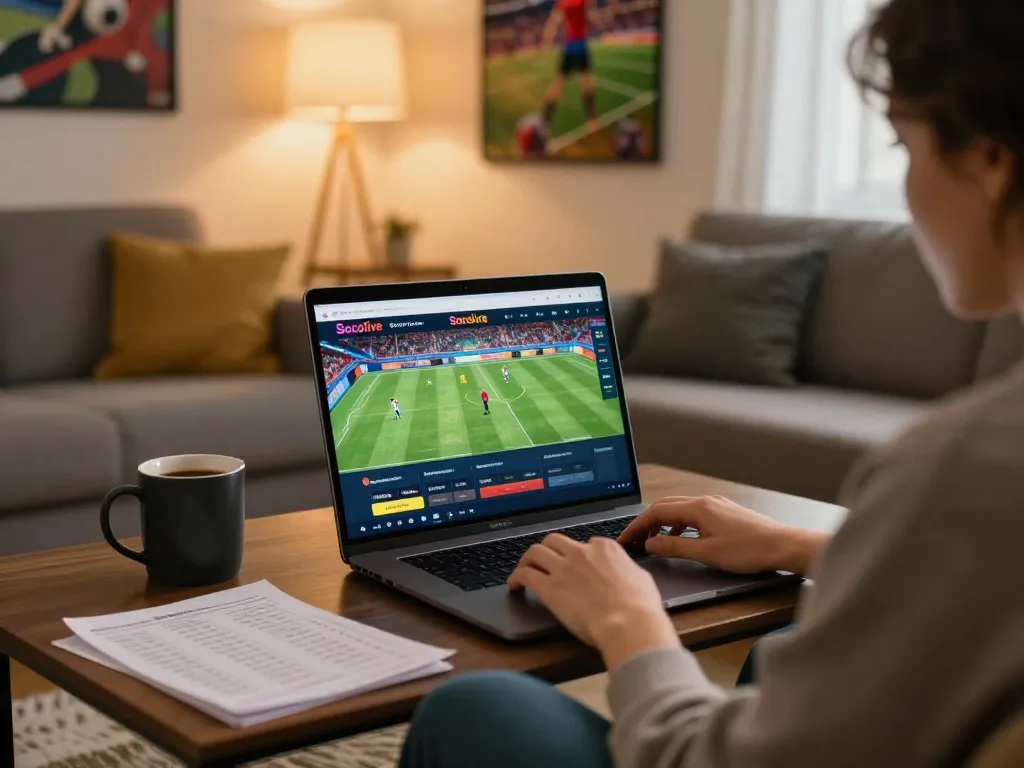 Engaging moment of a user enjoying Socolive sports betting on a laptop in a cozy living room.