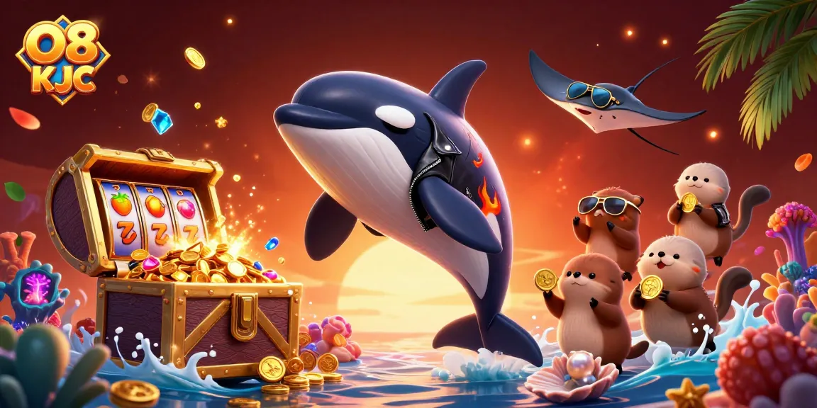 Engage in thrilling gaming at O8 KJC with an orca whale, stingray, and otters surrounded by slot symbols.