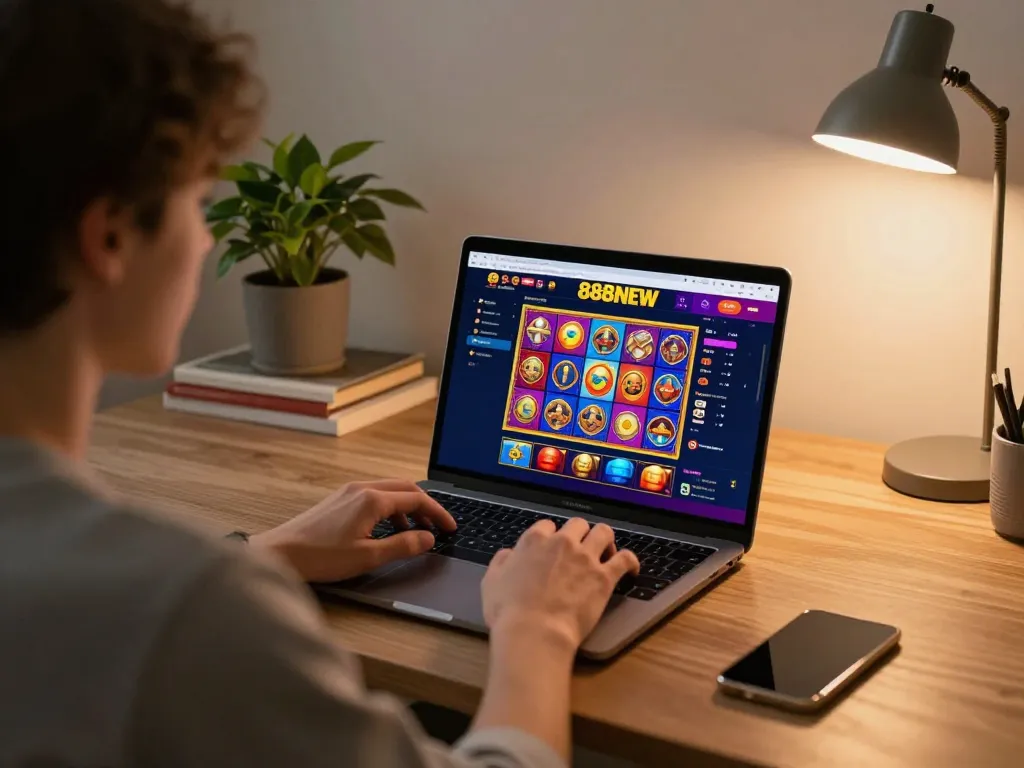 888NEW user's immersive gaming experience on laptop, showcasing colorful slot graphics and cozy setup.