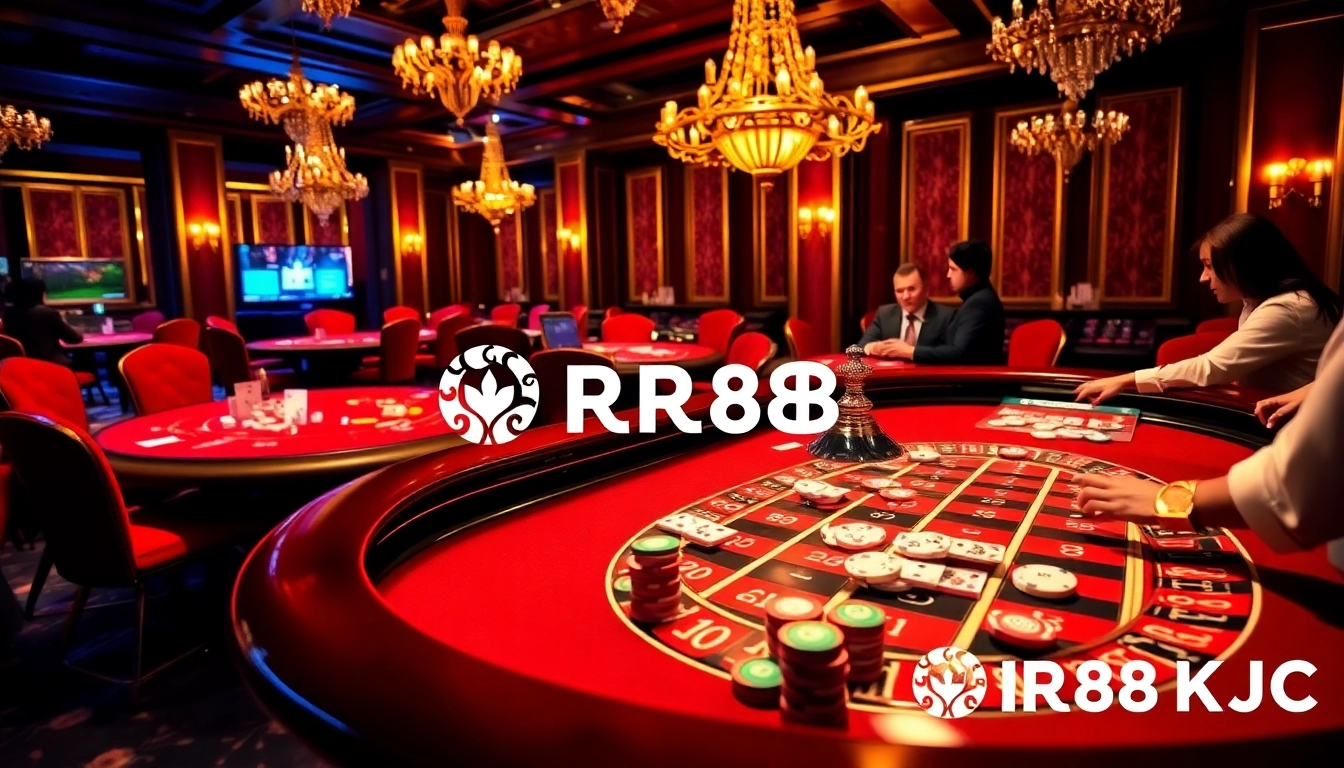 Engaging casino action at RR88 KJC with players enjoying roulette and poker in a luxurious environment.